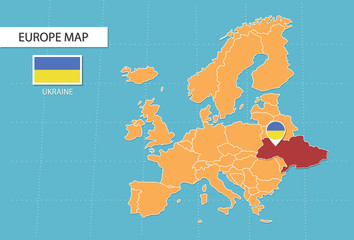 Ukraine map in Europe, icons showing Ukraine location and flags.