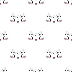 Little cute leopard cat Seamless Pattern for kids. Doodle kitten face. Cat head. Cartoon Animal Vector illustration in Scandinavian style

