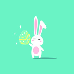 Funny cute bunny holding giant colorful Easter egg on blue background, Easter rabbit background, Vector illustration
