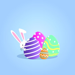 Cute bunny hiding behind giant colorful Easter egg on blue background, Easter rabbit background, Vector illustration