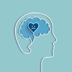 Head and brain outline with sad heart. Sadness, depression, feeling depressed and related negative emotions concept. Vector illustration with blue colors.