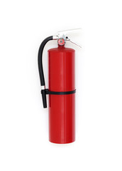 Red fire extinguisher is on white wall, close-up