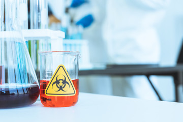 Biohazard sign or symbol in laboratory. Corona viruses or COVID-19.