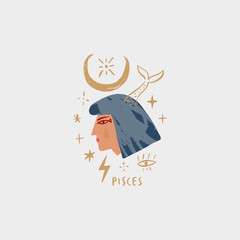 Zodiac girl Pisces character. Space head sign. Vector illustration.
