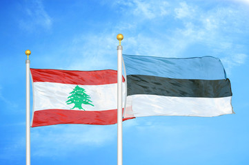 Lebanon and Estonia two flags on flagpoles and blue cloudy sky