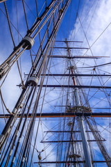 Old ship mast and sail ropes closeup