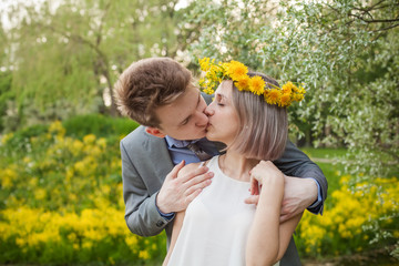 Young man and woman kissing. Romantic vacation