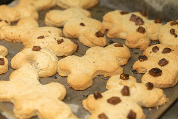 Appetizing homemade cookies in the shape of men on a baking sheet. tasty background