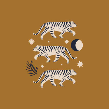 Chinese style tigers ornamental illustration in vector. Moon magic concept.