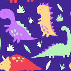 Cute dinosaurs, tropical plants.Funny cartoon dinosaurs seamless pattern.Vector colorful illustration with animals.Hand drawn vector texture 