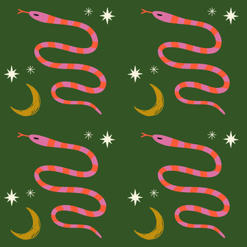 Moon boho magical seamless pattern with snakes in vector.