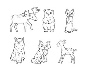 Cute doodle forest animals. The vector children's illustration set on white background