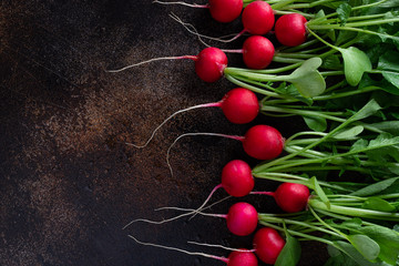 Fresh red radish on a dark background. food border. place for text.