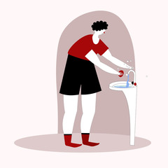 Man washing hands in the sink.Vector illustration in doodle style hand drawn sketch.