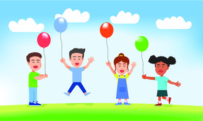 Children with happy faces holding balloons