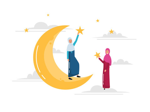 muslim girl are celebrating the holy month. called ramadan karim 1441 H. islamic flat illustration art. woman in skyline. above the clouds. happiness people welcoming eid al-fitr. vector design
