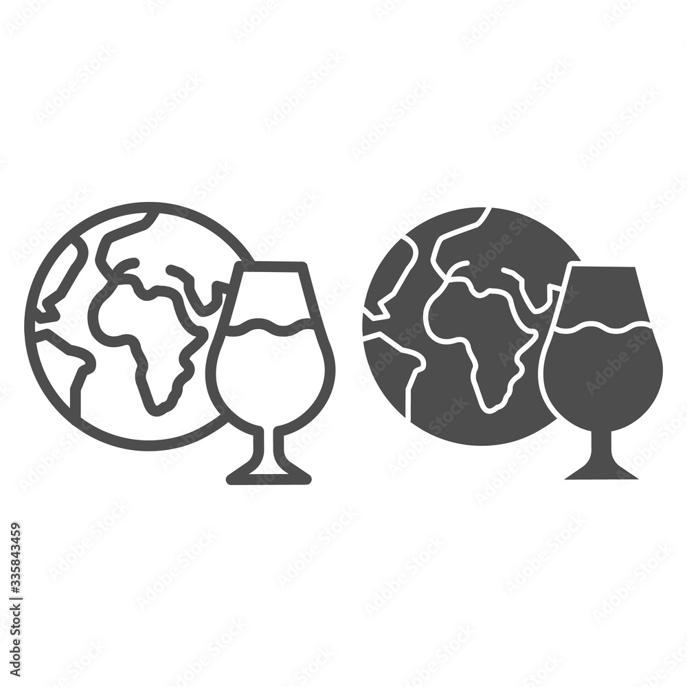 Aufkleber globe and glass of wine line and solid icon. imported wine with planet outline style pictogram on wh