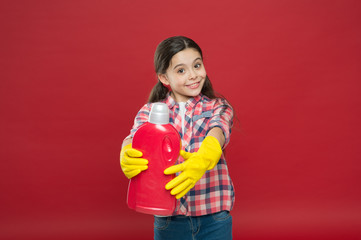 Housekeeping. Cleaning supplies. Disinfecting gel. Alcohol antibacterial disinfection. Girl in rubber gloves for cleaning hold plastic bottle chemical liquid. Help clean up. Use product for cleaning