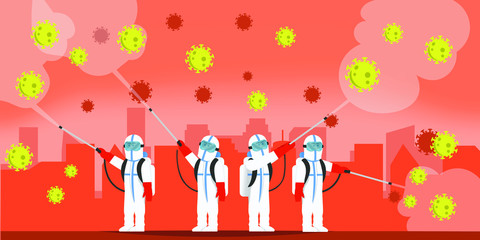 The health team in hazmat suit spraying the city with disinfectants