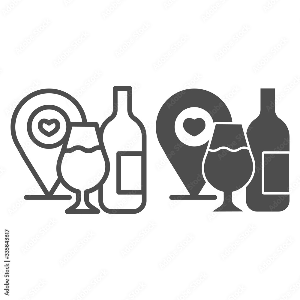 Poster wine location pin with wineglass and bottle line and solid icon. wine point logo with heart outline 