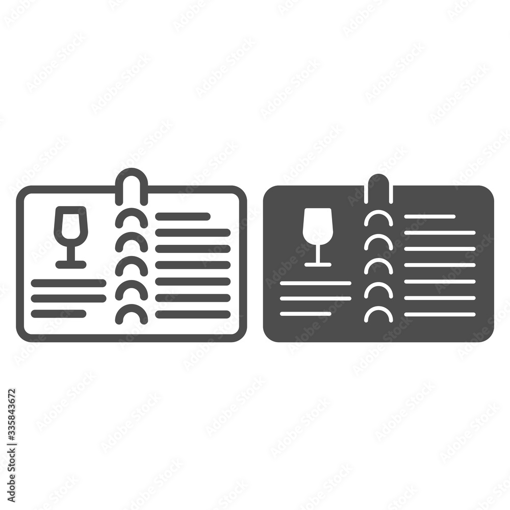 Poster valuable wine menu or wine book line and solid icon. menu with alcohol drink glass and text outline 