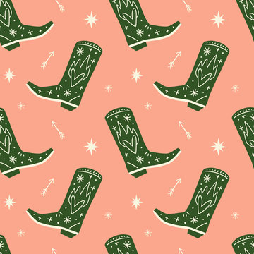 Girl cowboy boots boho seamless pattern in vector.