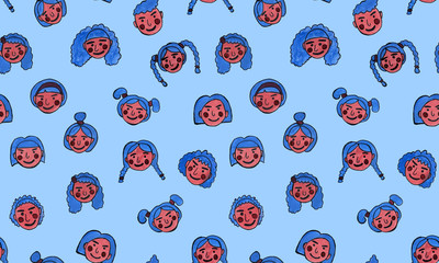 cartoon face blea haired people. Hand drawn line art colored illustration. Human emotions doodle set