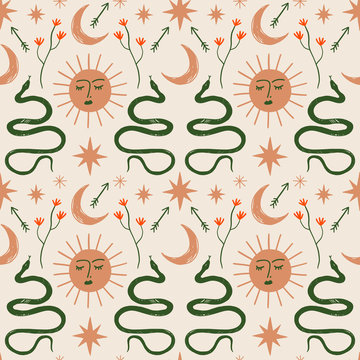 Moon and Sun boho magical seamless pattern with snakes in vector.