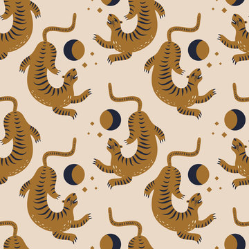 Chinese style tigers ornamental illustration in vector. Seamless pattern. Moon magic concept.