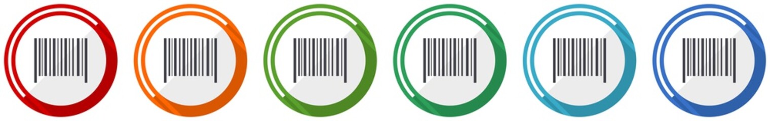 Barcode icon set, flat design vector illustration in 6 colors options for webdesign and mobile applications