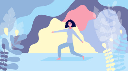Woman training in sporty clothes on floral colorful background. Female character sport activity. Vector flat horizontal banner. Concept of healthy lifestyle during quarantine or self isolation