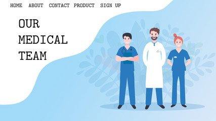 Online doctor landing page template for web or mobile app. Flat vector illustration with medical workers - doctor, nurse, surgeon, therapist, physician. Online medical support during quarantine.