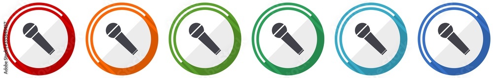 Aufkleber microphone and music icon set, karaoke flat design vector illustration in 6 colors options for webde