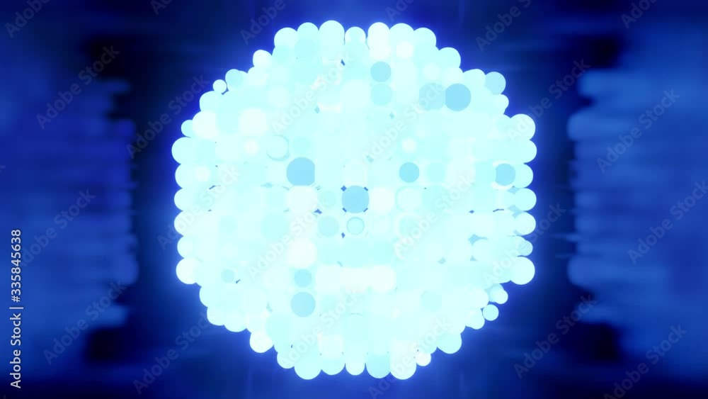 Poster glowing blue balls flash in shiny room. 4k abstract 3d background of luminous spheres in dark shiny 