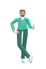 Medical character young white man doctor thumb up. Concept like, good, success. Cartoon person isolated on a white background. 3D rendering.