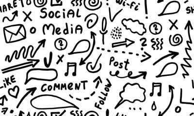 Obraz premium Huge vector set of business, social, technology hand drawn elements doodles and icons