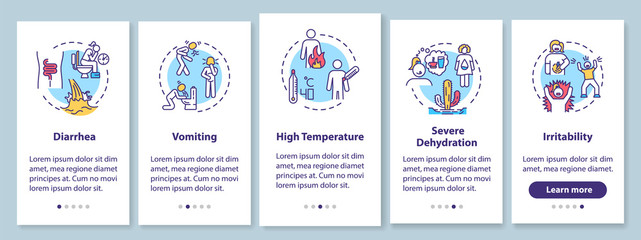 Rotavirus symptoms onboarding mobile app page screen with concepts. Viral infection and food poisoning signs walkthrough 5 steps graphic instructions. UI vector template with RGB color illustrations