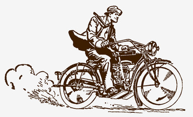 Man riding an antique motorcycle at high speed. Illustration after engraving from early 20th century