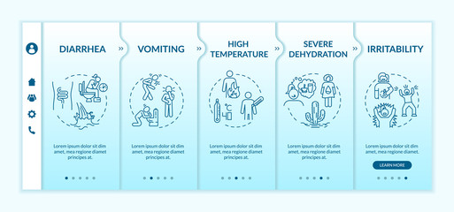 Rotavirus symptoms onboarding vector template. Diarrhea, vomiting, dehydration viral infection sign. Responsive mobile website with icons. Webpage walkthrough step screens. RGB color concept