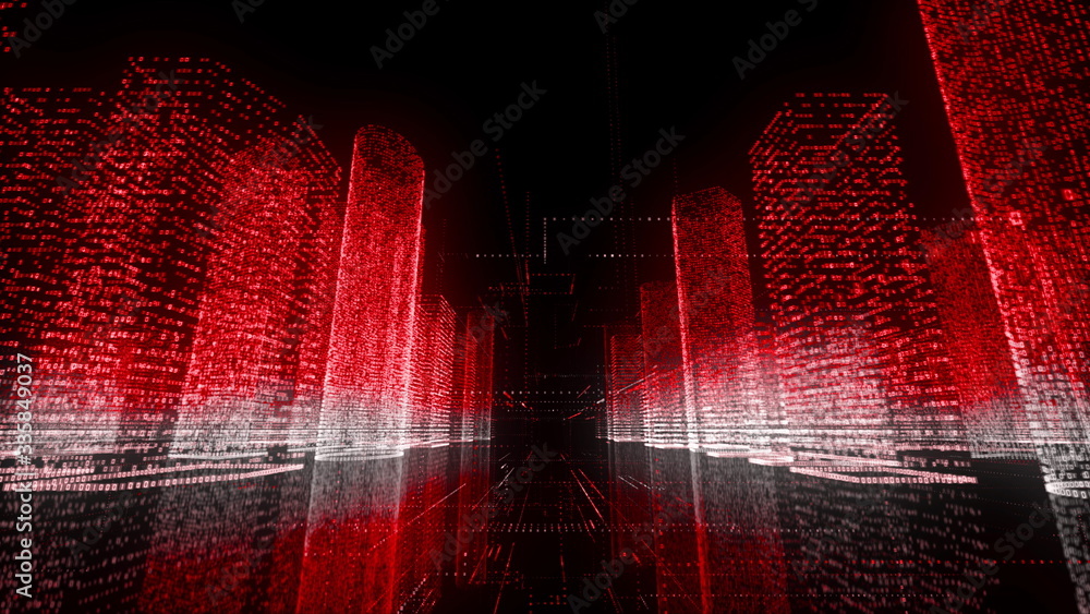 Poster moving through the bright red and white colored model of abstract digital city contained of random n