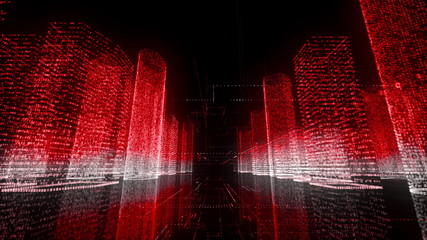Moving through the bright red and white colored model of abstract digital city contained of random numbers and symbols on black background. Business, communications or tech concept. 3d rendering 4k