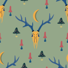 Seamless vector pattern with magical, witchy elements of dark, satanic cults-deer horns, poisonous mushrooms and crescent moon sickle. Violet background.
