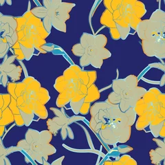 Küchenrückwand glas motiv Seamless vector pattern with ornament of twigs and inflorescences and flowers of blue with gold daffodils on emerald green background. Modern fashion design © Galina Trenina