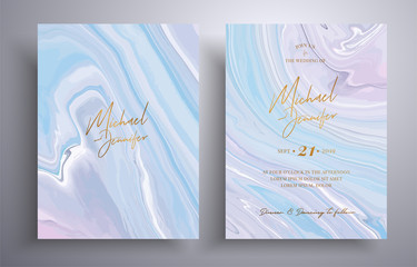 Wedding invitation pattern with waves and swirl. Vector cards with marble design. Elegant template with space for your text. Blue, pink and white overflowing colors