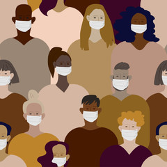 Group, crowd of people in protective masks seamless vector pattern.