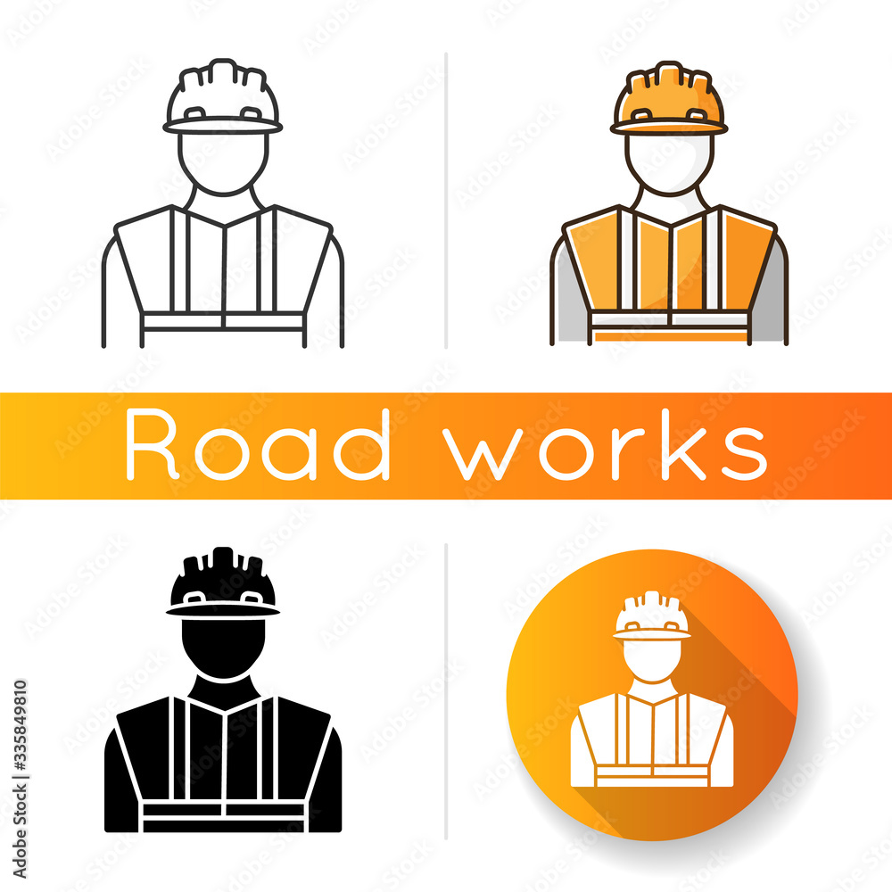 Wall mural Worker in uniform icon. Construction builder in hardhat. Safety helmet on male repairman. Professional foreman and engineer. Linear black and RGB color styles. Isolated vector illustrations