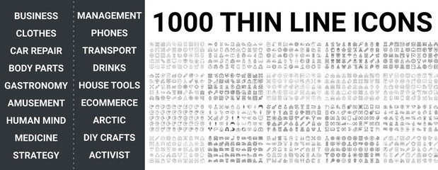 Big set of 1000 thin line icon. Business, clothes, car repair, body parts, gastronomy, amusement, human mind, medicine, strategy, management, transport, ecommerce, phones, food, drink icons, ui pack