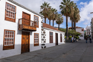 Beautiful colorful streets of old colonial town in Los Llanos de Aridane in La Palma Island, Canary...