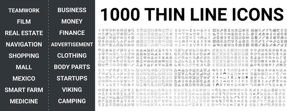 Big set of 1000 thin line icon. Teamwork, film, real estate, navigation, maps, shopping, mall, mexico, smart farm, medicine, health, business, money, finance, ads, clothing, body parts icons, ui pack