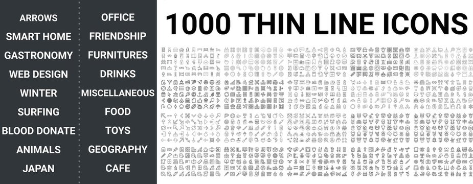 Big set of 1000 thin line icon. Arrows, Smart Home, Food, Toys, Cafe, Business, Office, Friendship, Winter, Blood Donation, Gastronomy, Surfing, Geography ui pack